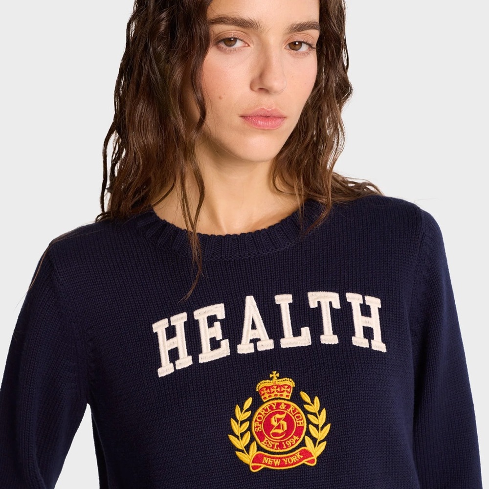Sporty and Rich brand Medium NWT Navy Blue Cotton Crewneck Health Crest Sweater - Picture 4 of 16
